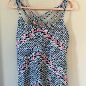 Island Escape Strappy Back Tankini Swim Top Blue Geometric Womens Plus 20W